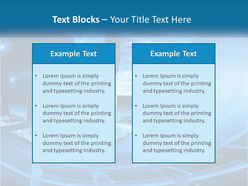 A Blue Background With A World Map And Laptops PowerPoint Template