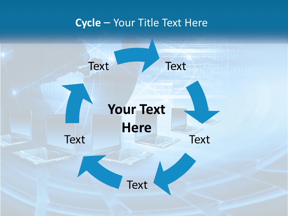 A Blue Background With A World Map And Laptops PowerPoint Template