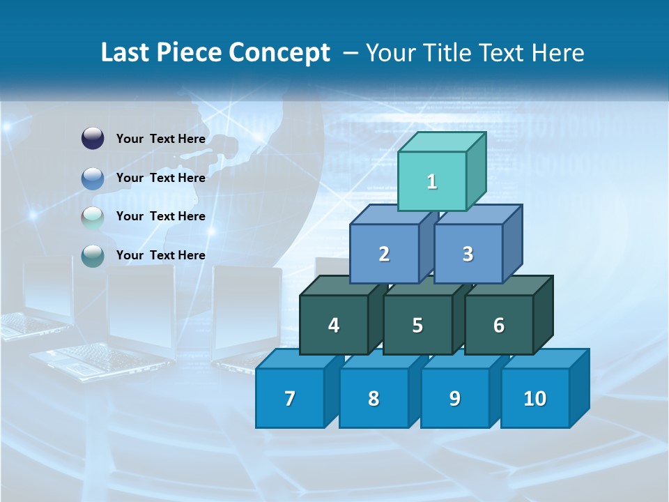 A Blue Background With A World Map And Laptops PowerPoint Template