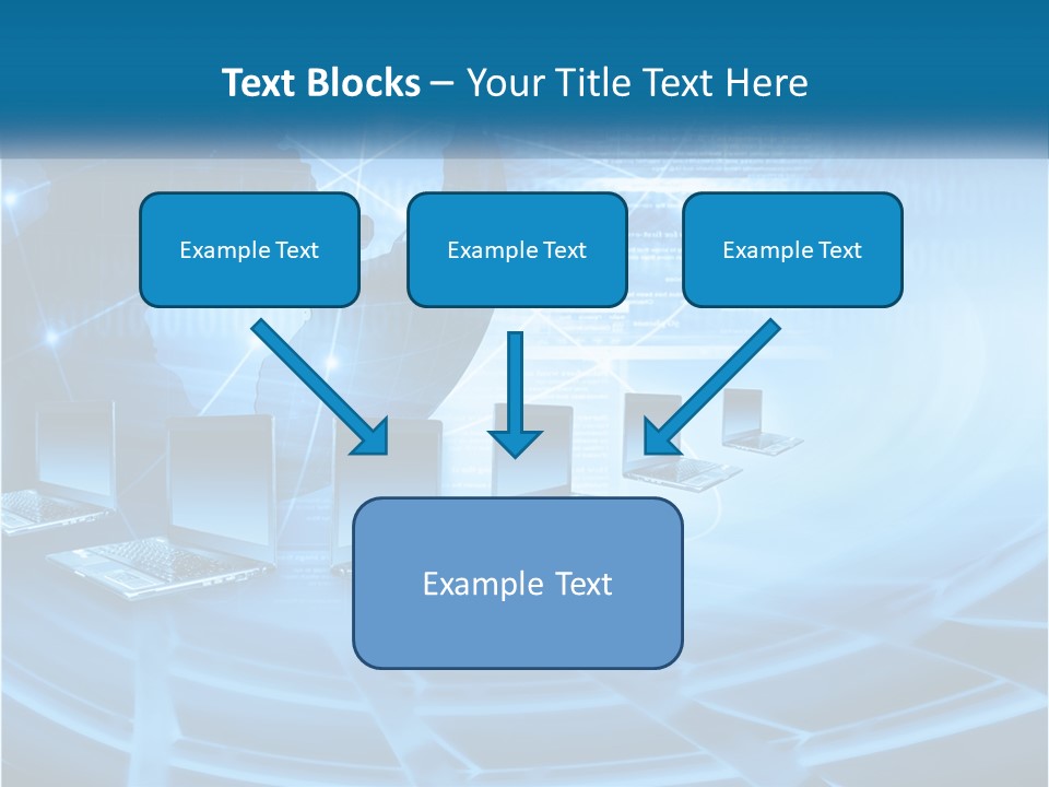 A Blue Background With A World Map And Laptops PowerPoint Template