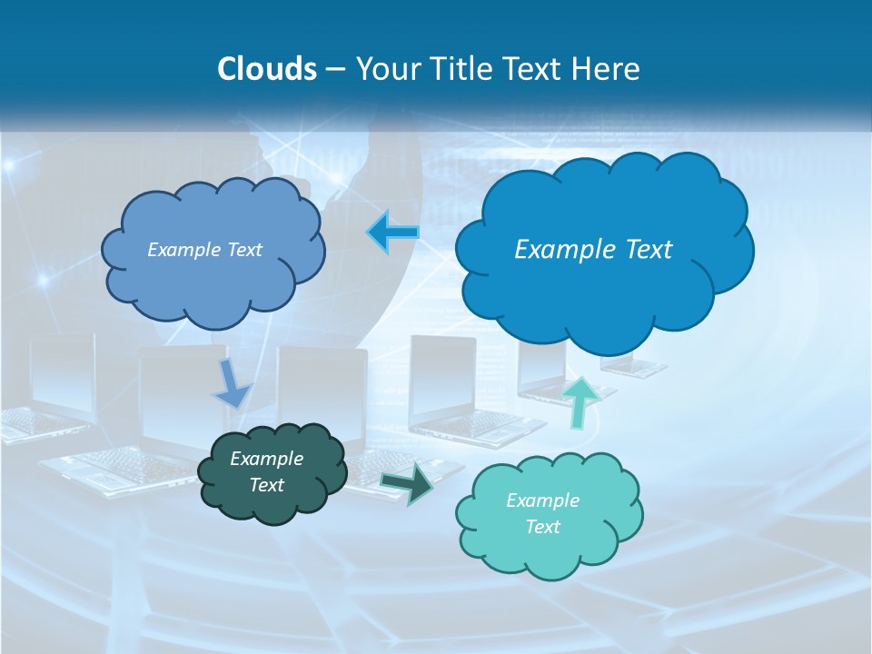 A Blue Background With A World Map And Laptops PowerPoint Template