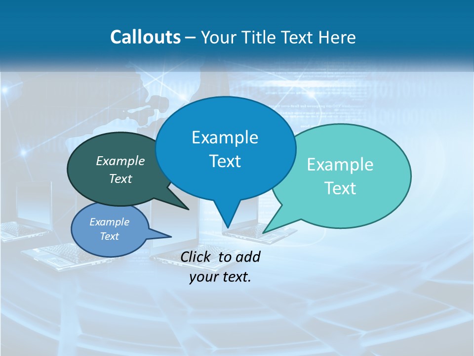 A Blue Background With A World Map And Laptops PowerPoint Template