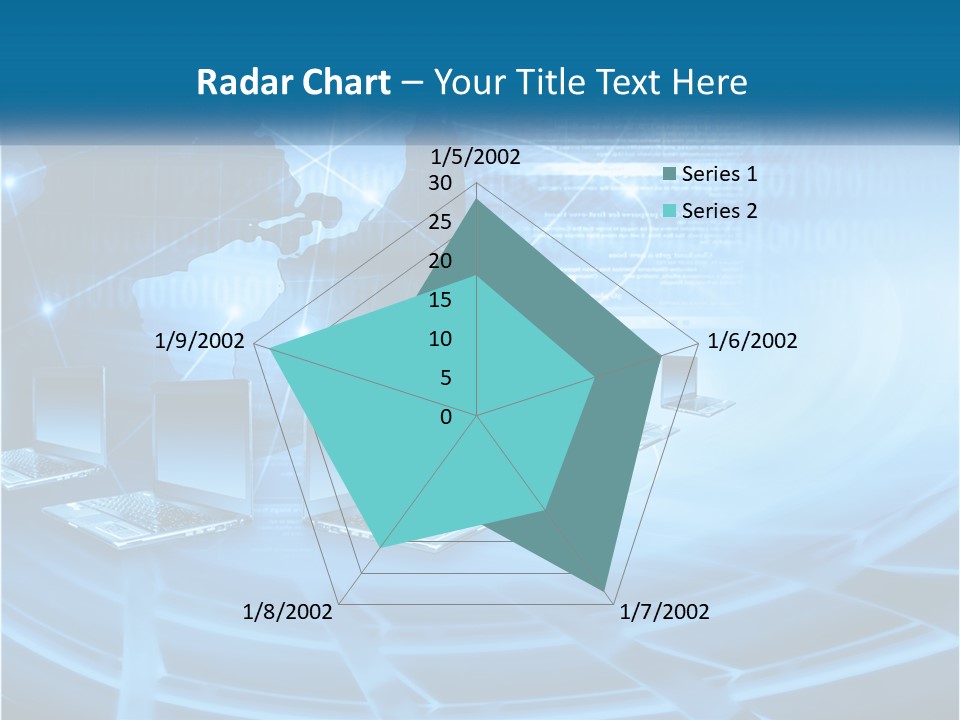 A Blue Background With A World Map And Laptops PowerPoint Template