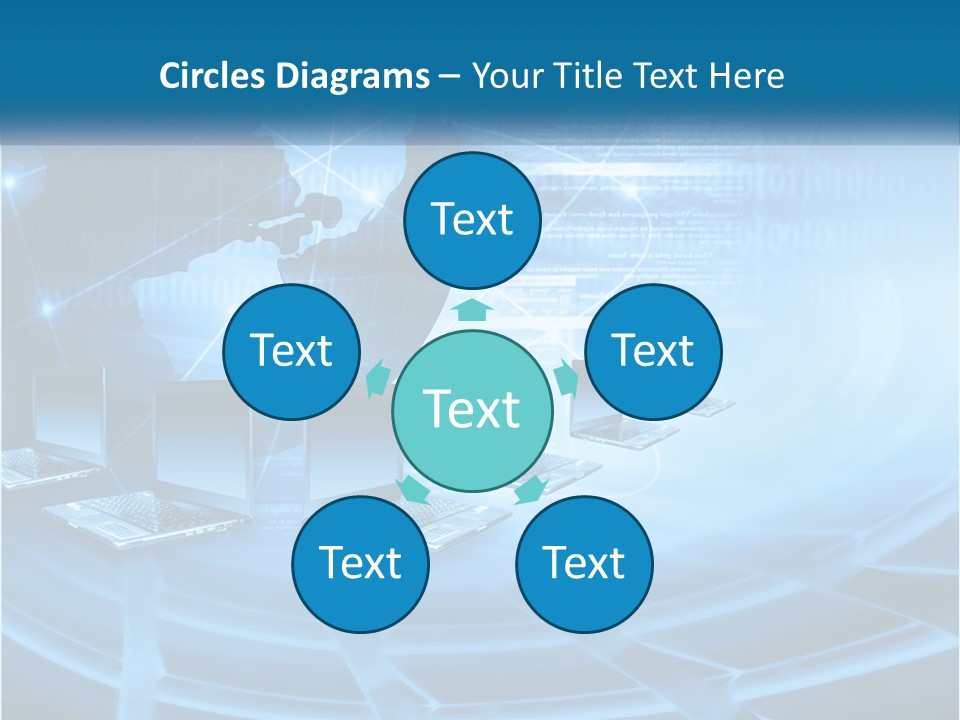 A Blue Background With A World Map And Laptops PowerPoint Template