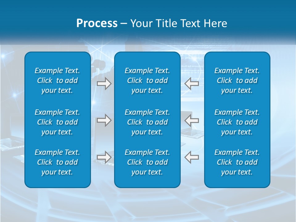 A Blue Background With A World Map And Laptops PowerPoint Template