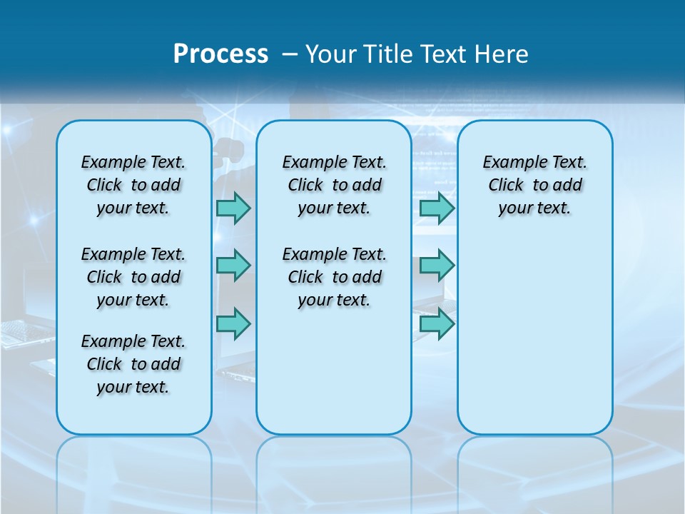 A Blue Background With A World Map And Laptops PowerPoint Template