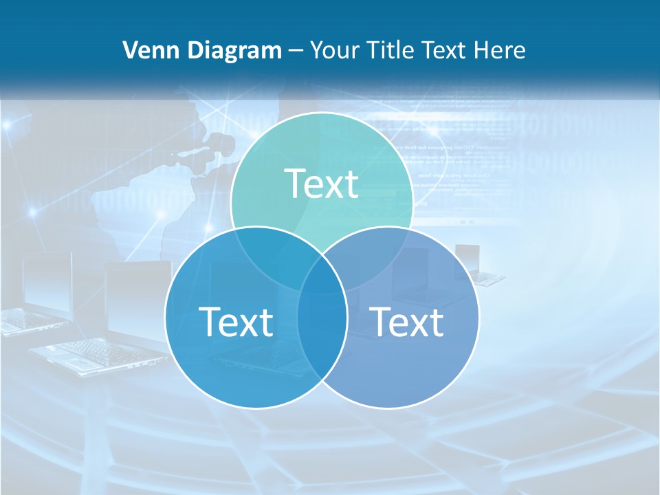 A Blue Background With A World Map And Laptops PowerPoint Template