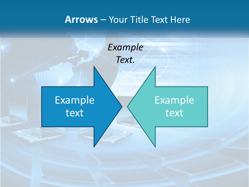 A Blue Background With A World Map And Laptops PowerPoint Template