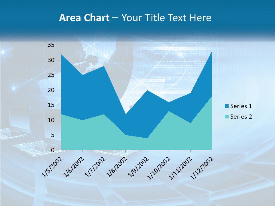 A Blue Background With A World Map And Laptops PowerPoint Template