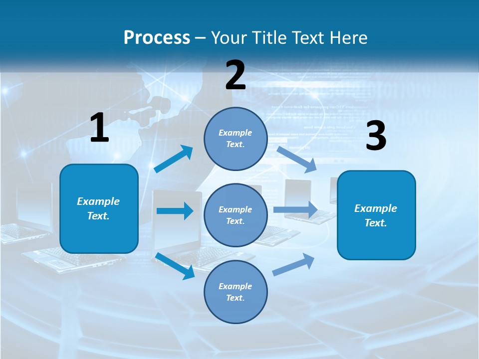 A Blue Background With A World Map And Laptops PowerPoint Template