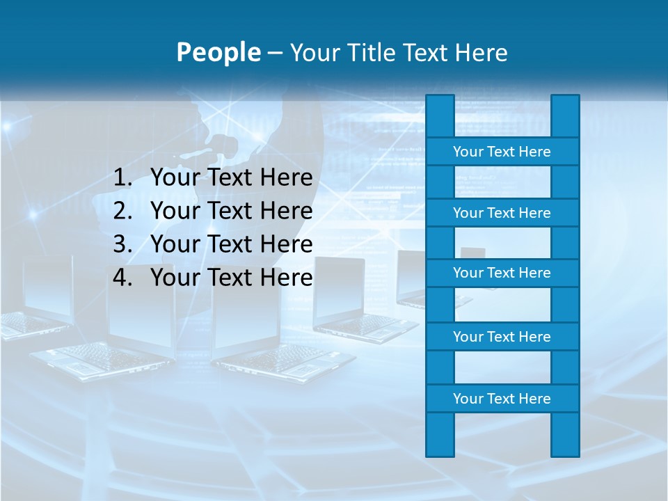 A Blue Background With A World Map And Laptops PowerPoint Template