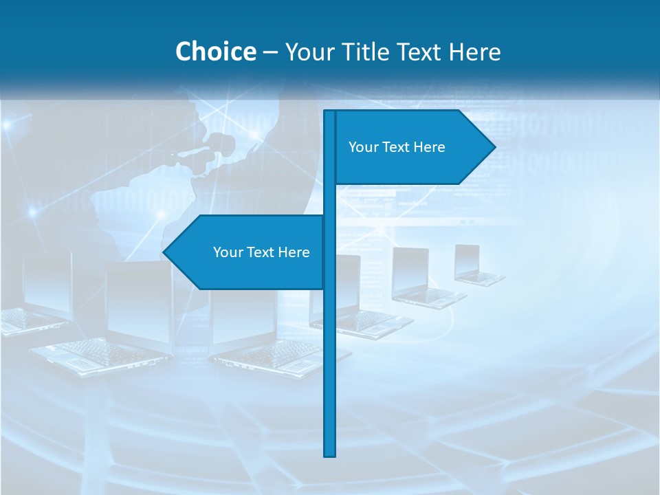 A Blue Background With A World Map And Laptops PowerPoint Template