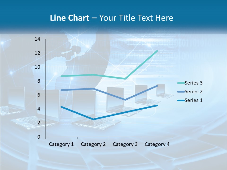 A Blue Background With A World Map And Laptops PowerPoint Template