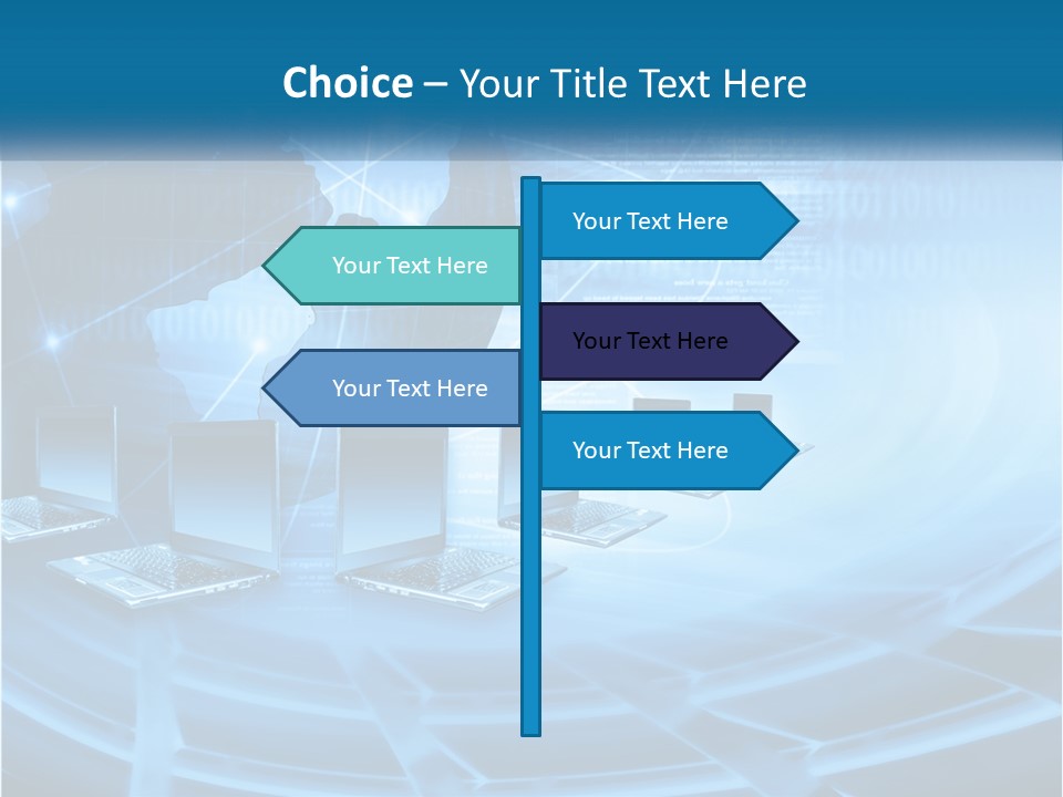 A Blue Background With A World Map And Laptops PowerPoint Template