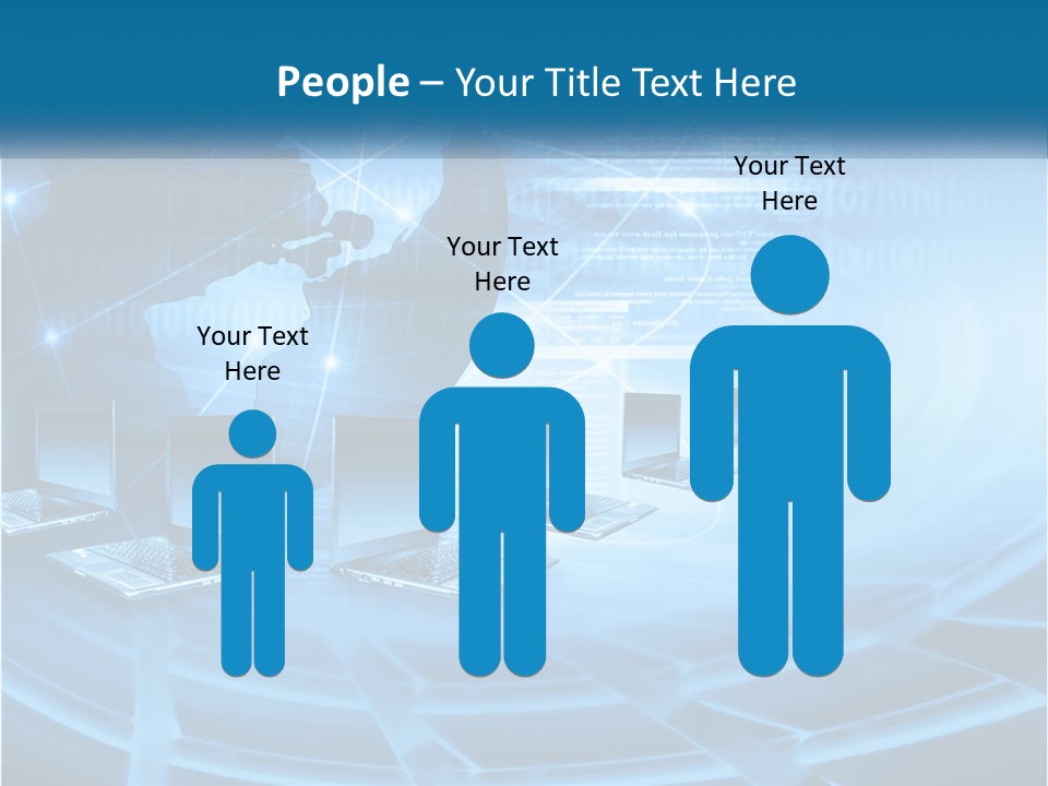 A Blue Background With A World Map And Laptops PowerPoint Template