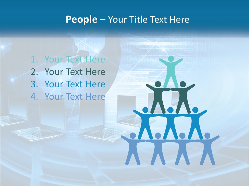 A Blue Background With A World Map And Laptops PowerPoint Template