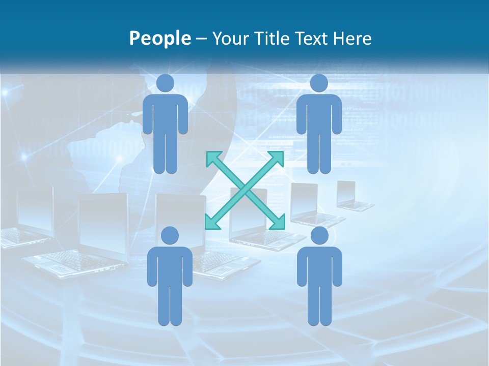 A Blue Background With A World Map And Laptops PowerPoint Template