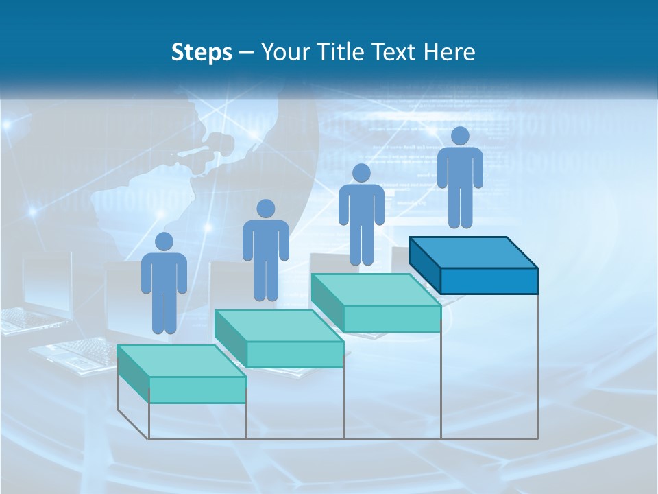 A Blue Background With A World Map And Laptops PowerPoint Template