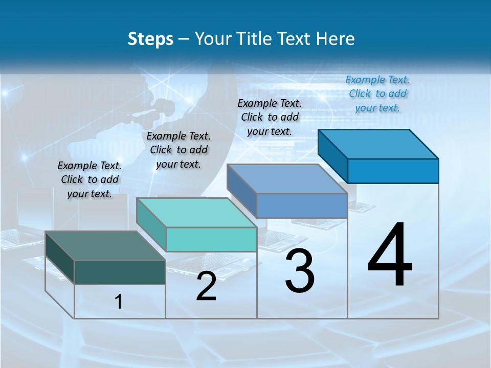 A Blue Background With A World Map And Laptops PowerPoint Template