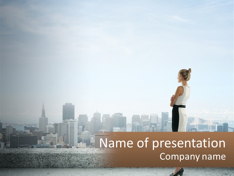 A Woman Standing On A Ledge In Front Of A City PowerPoint Template