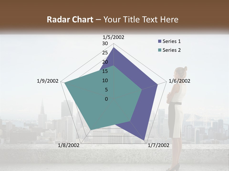 A Woman Standing On A Ledge In Front Of A City PowerPoint Template