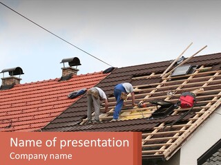 Two Men Working On The Roof Of A House PowerPoint Template