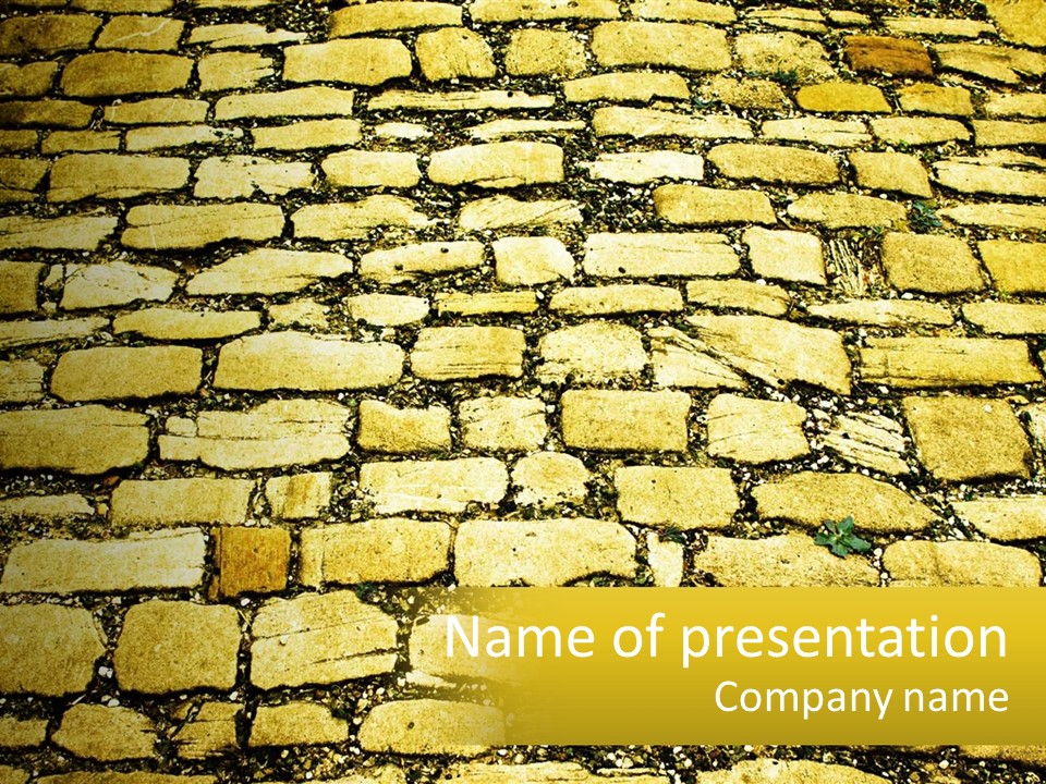 A Cobblestone Road With A Yellow Sign That Says Name Of Presentation Company Name PowerPoint Template