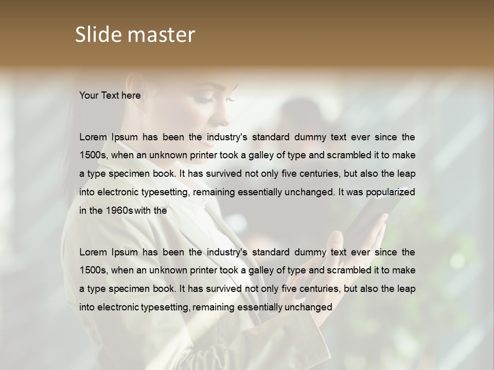 A Woman In A Business Suit Using A Tablet Computer PowerPoint Template