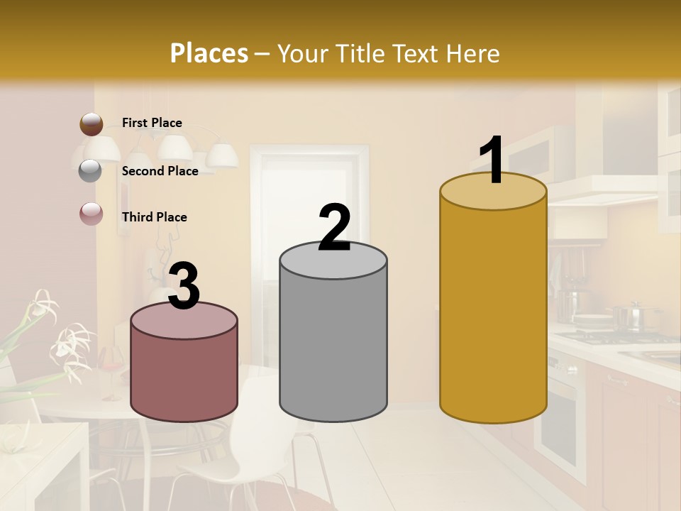 A Yellow And White Kitchen With A Table And Chairs PowerPoint Template