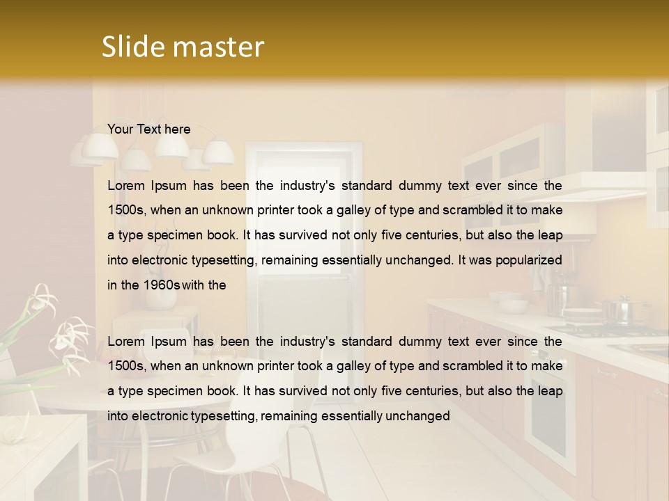 A Yellow And White Kitchen With A Table And Chairs PowerPoint Template