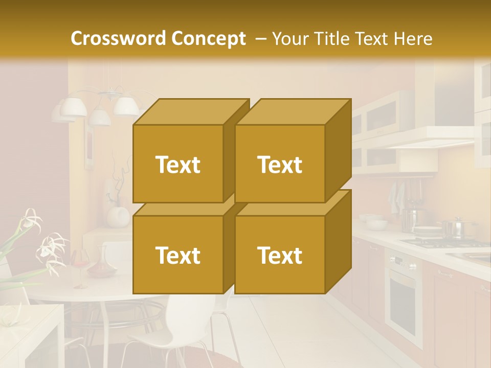 A Yellow And White Kitchen With A Table And Chairs PowerPoint Template