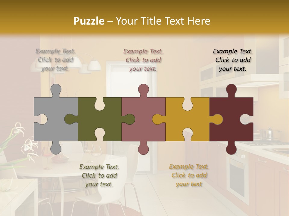 A Yellow And White Kitchen With A Table And Chairs PowerPoint Template
