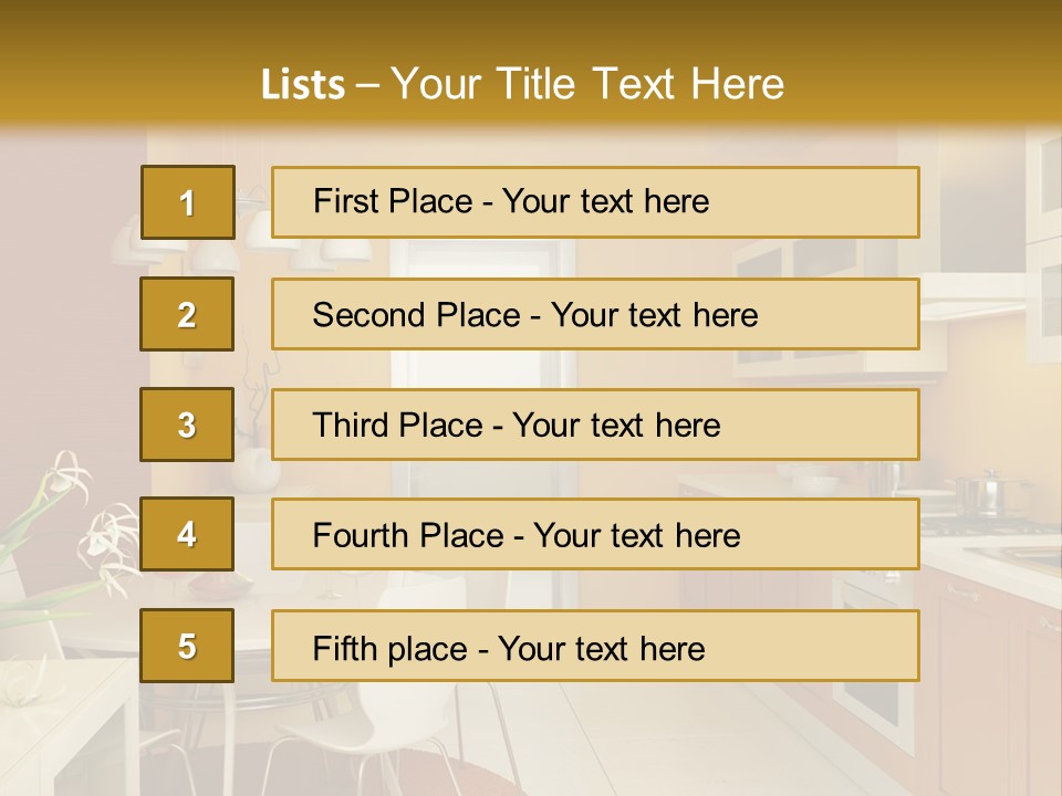 A Yellow And White Kitchen With A Table And Chairs PowerPoint Template