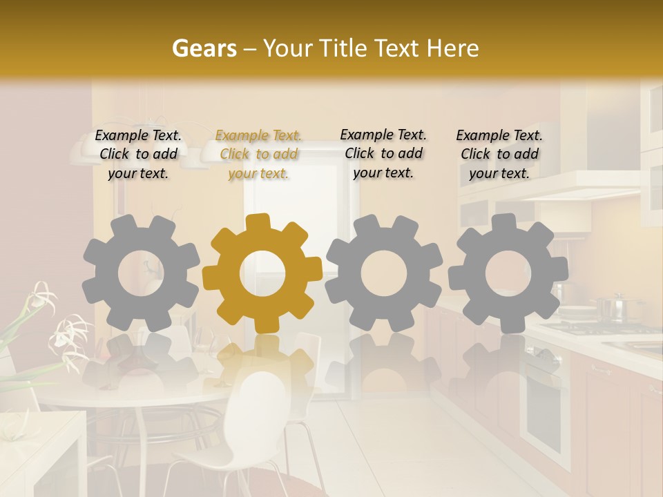 A Yellow And White Kitchen With A Table And Chairs PowerPoint Template