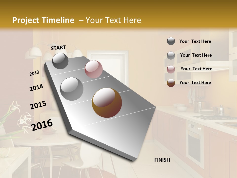 A Yellow And White Kitchen With A Table And Chairs PowerPoint Template