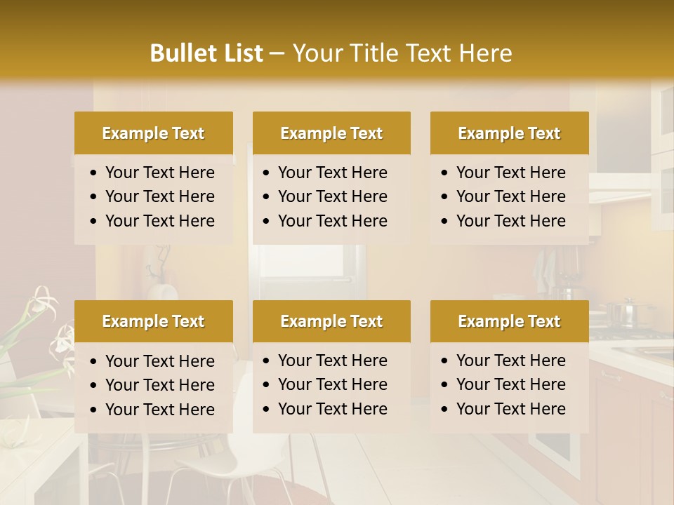A Yellow And White Kitchen With A Table And Chairs PowerPoint Template