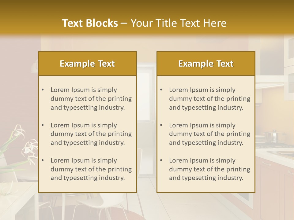 A Yellow And White Kitchen With A Table And Chairs PowerPoint Template