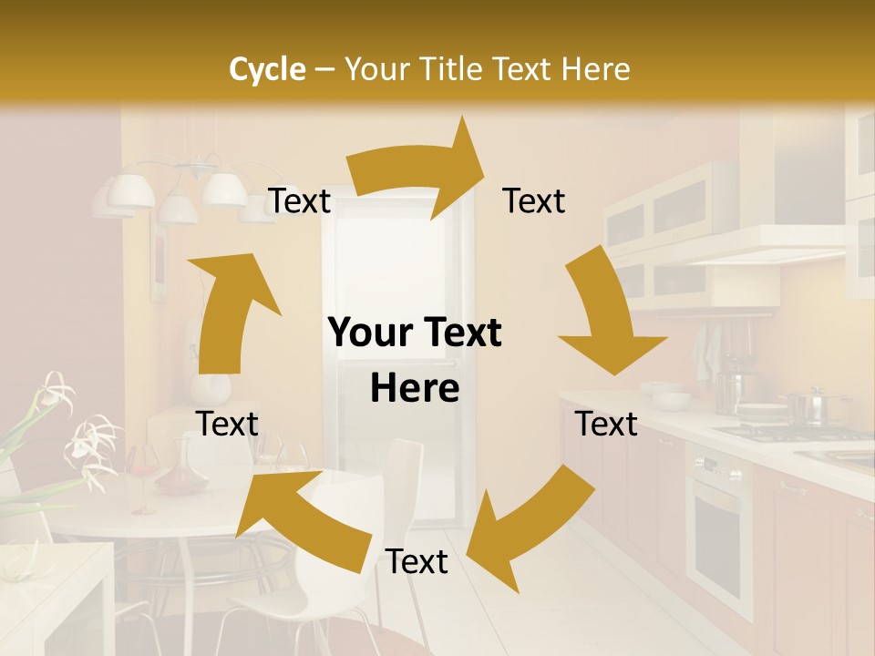 A Yellow And White Kitchen With A Table And Chairs PowerPoint Template