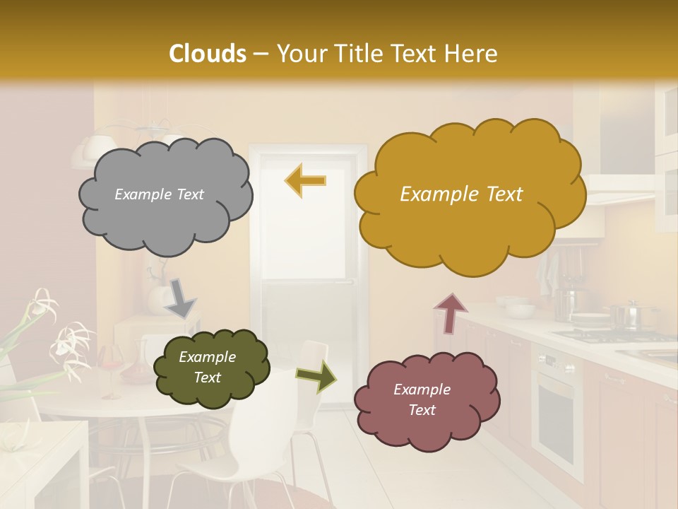 A Yellow And White Kitchen With A Table And Chairs PowerPoint Template