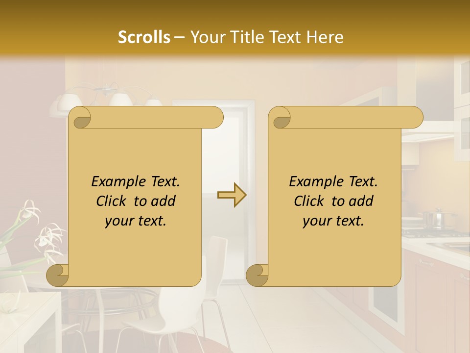 A Yellow And White Kitchen With A Table And Chairs PowerPoint Template