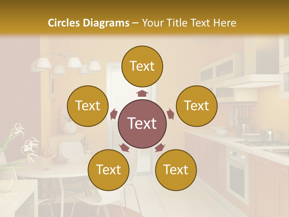 A Yellow And White Kitchen With A Table And Chairs PowerPoint Template