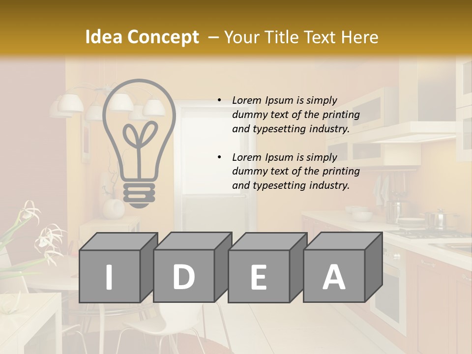 A Yellow And White Kitchen With A Table And Chairs PowerPoint Template