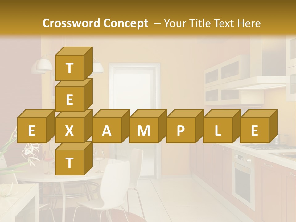 A Yellow And White Kitchen With A Table And Chairs PowerPoint Template