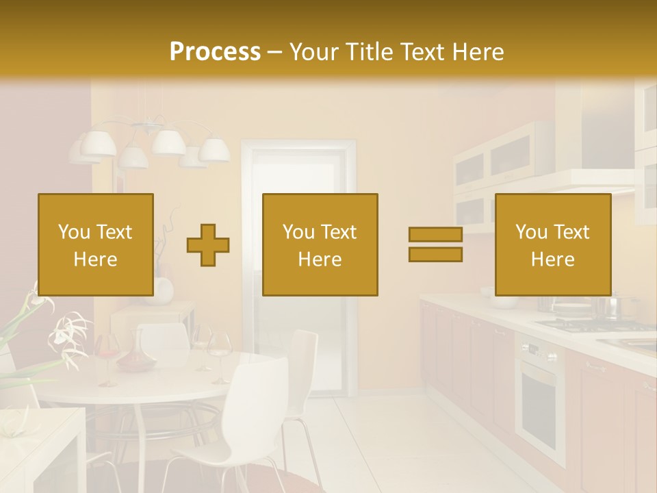 A Yellow And White Kitchen With A Table And Chairs PowerPoint Template