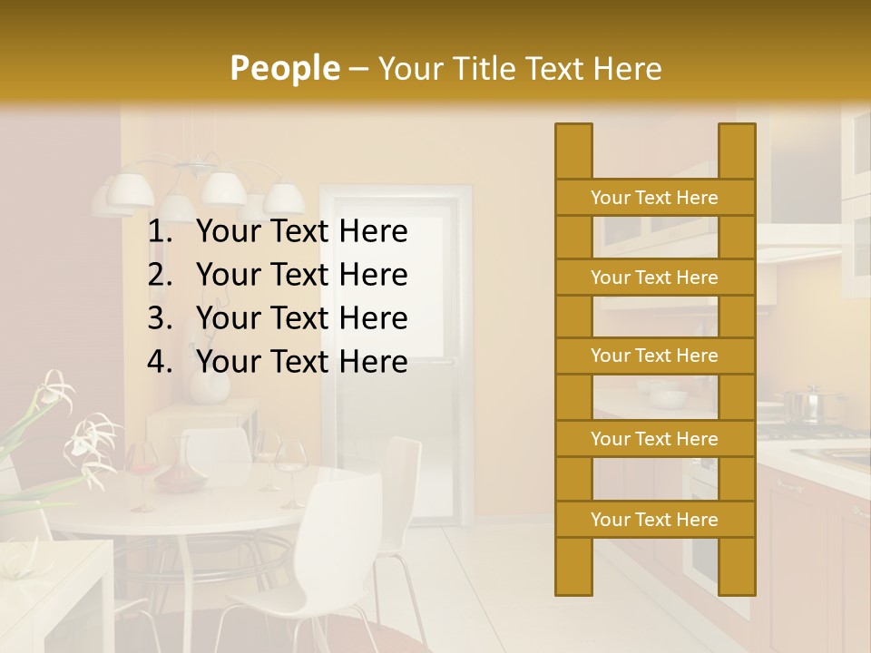 A Yellow And White Kitchen With A Table And Chairs PowerPoint Template
