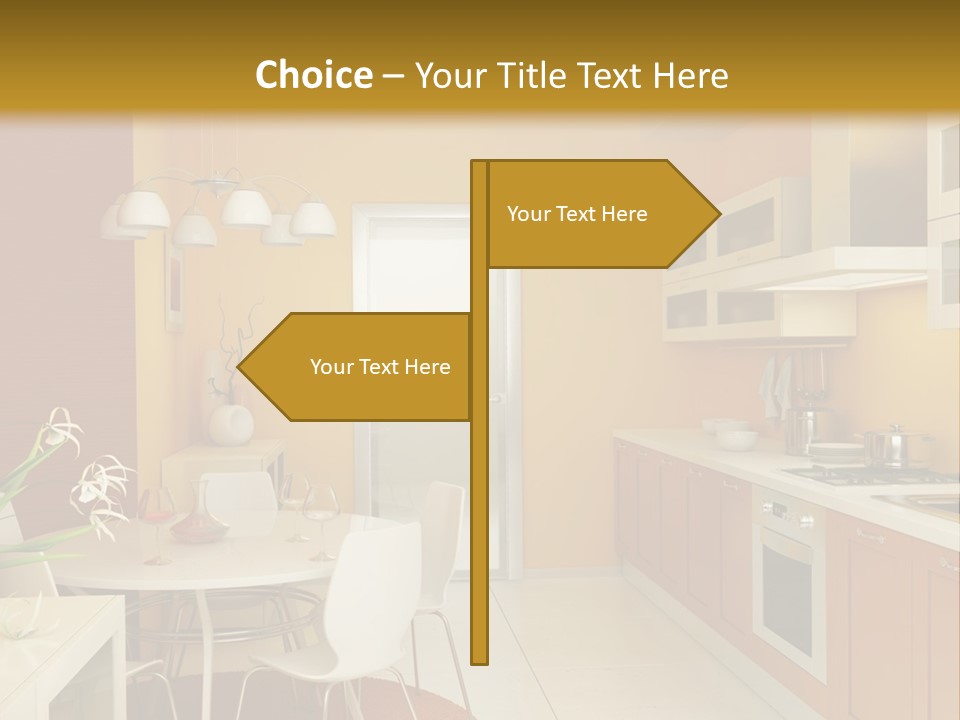 A Yellow And White Kitchen With A Table And Chairs PowerPoint Template