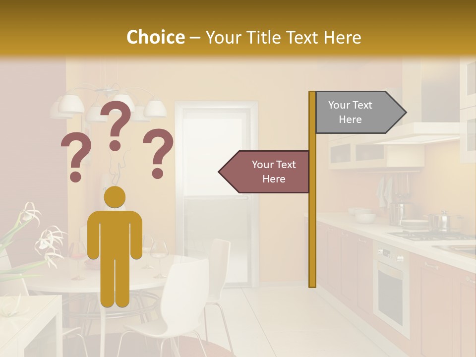 A Yellow And White Kitchen With A Table And Chairs PowerPoint Template