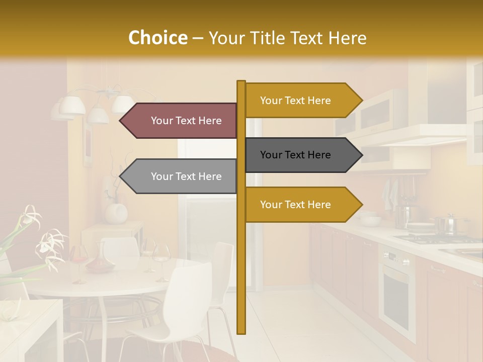 A Yellow And White Kitchen With A Table And Chairs PowerPoint Template