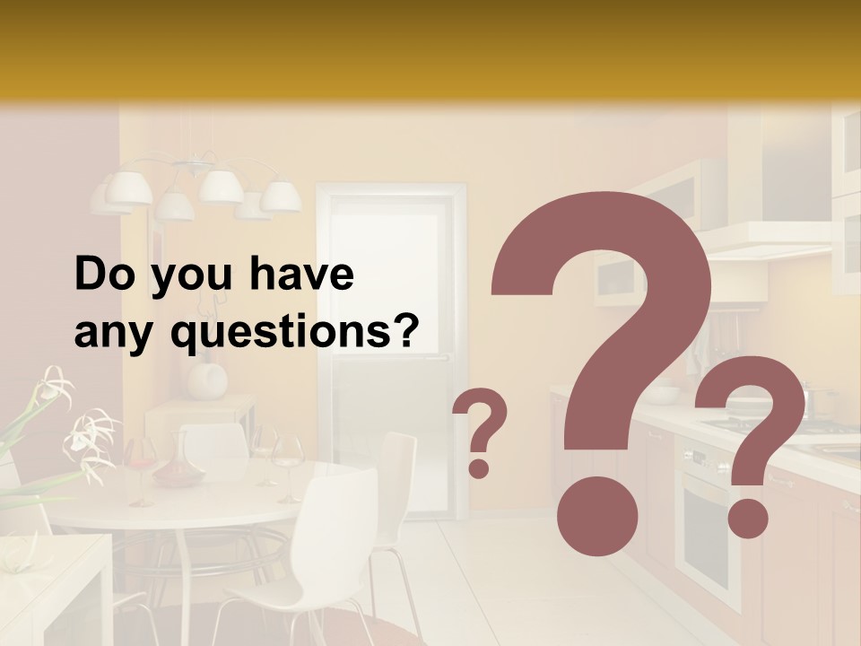 A Yellow And White Kitchen With A Table And Chairs PowerPoint Template