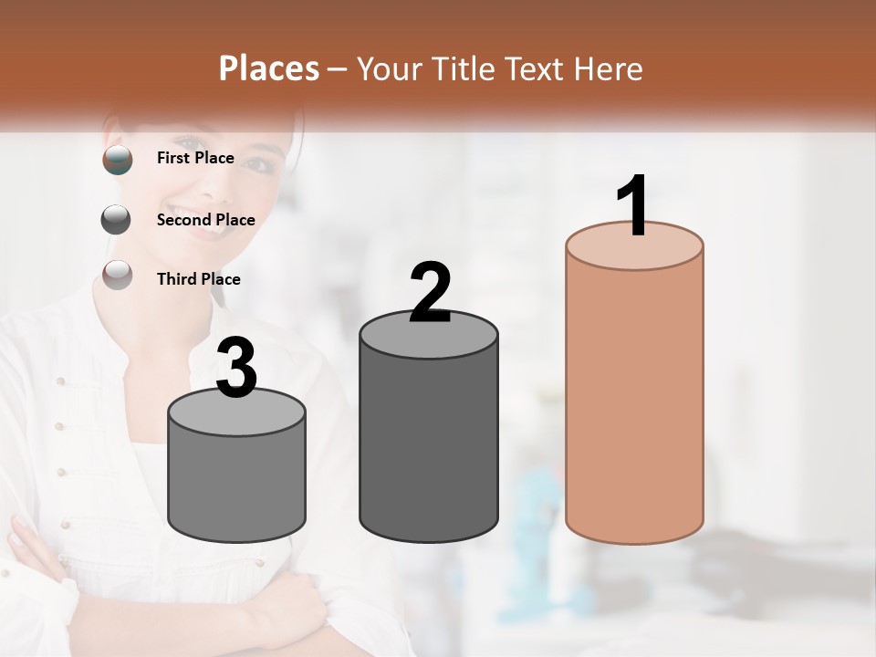 A Woman In A White Shirt Is Standing With Her Arms Crossed PowerPoint Template